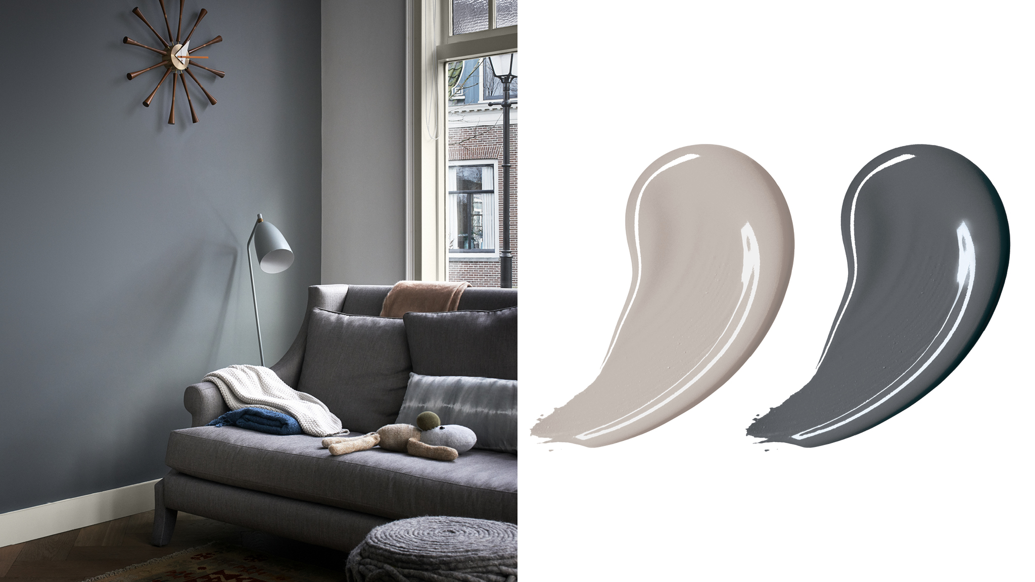 En stilig gra fargepalett Mørke grå vegger er et elegant valg, og vil gi en avslappet følelse i hjemmet ditt når den kombineres med en lysere nyanse.
