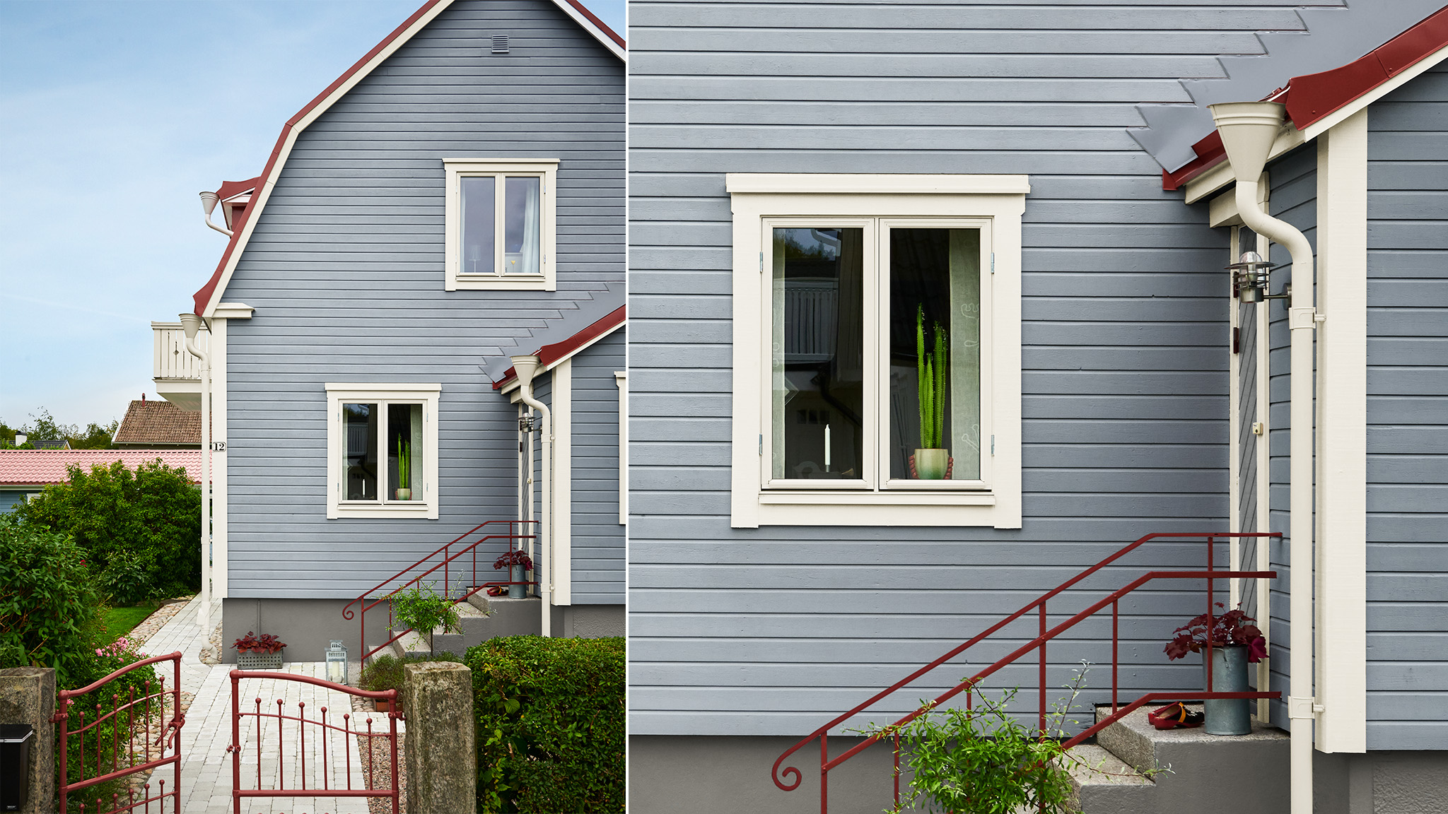 Blått hus med stor hage og rødt tak Blått hus med stor hage og rødt tak